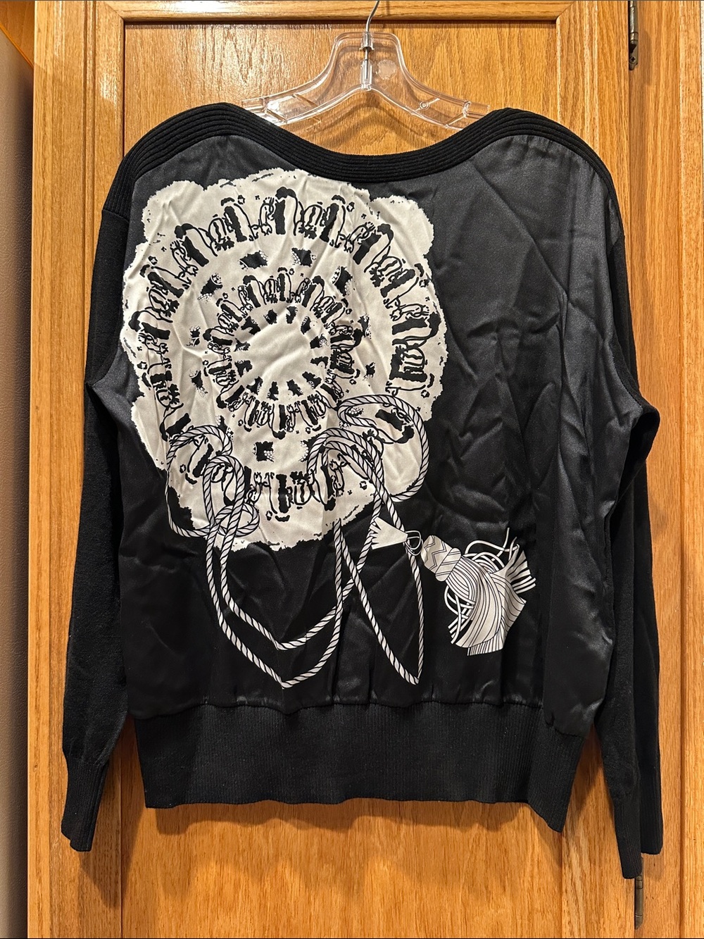 Black Graphic Pullover Wool Sweater with White Floral & Rope Motif Silk Front M